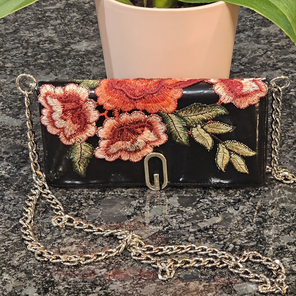 Gucci Vintage Black Leather Continental Wallet Painted with Patches Added